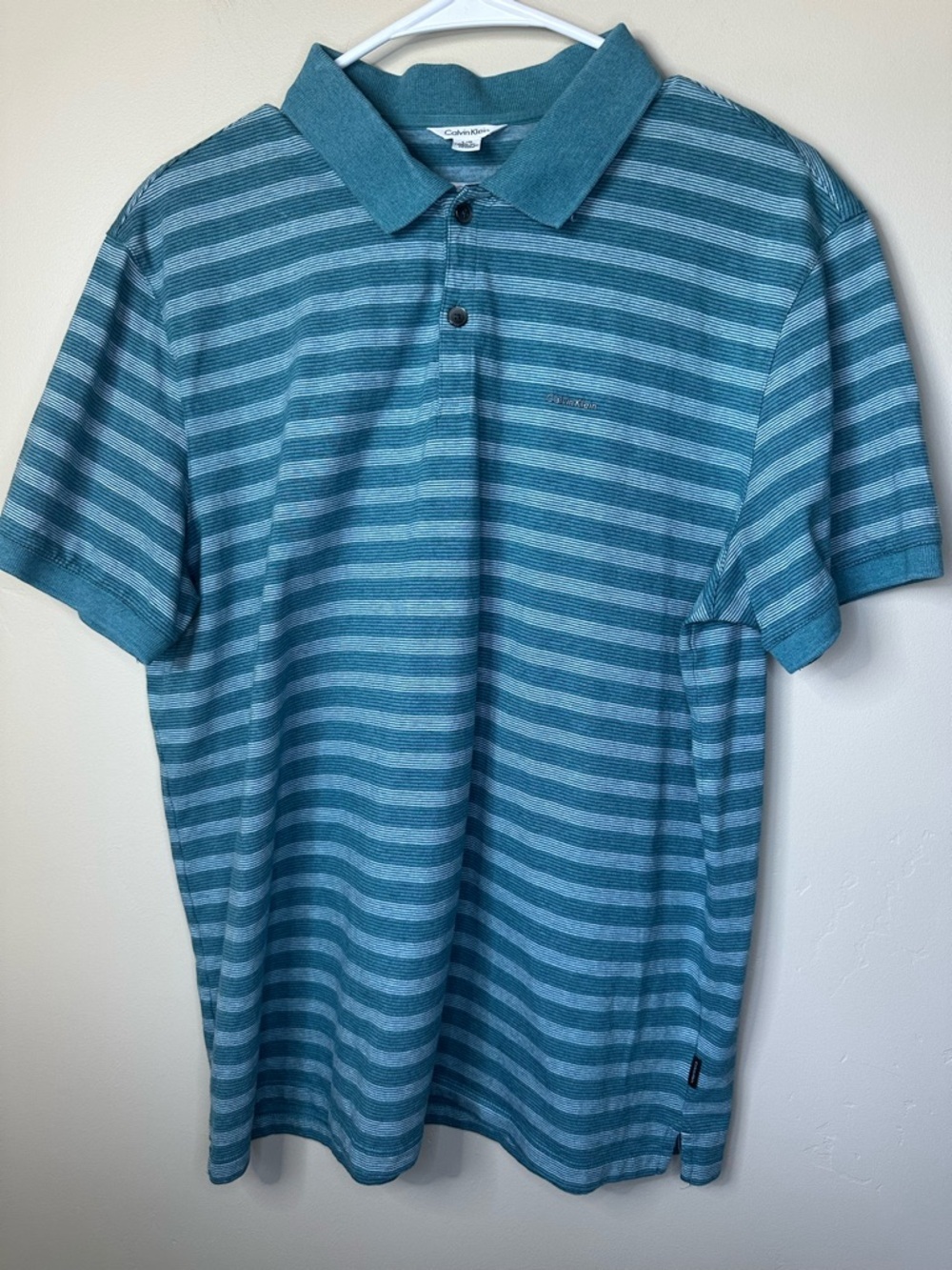 Calvin Klein Liquid Cotton Polo Men’s Large • Teal Stripe Soft Touch